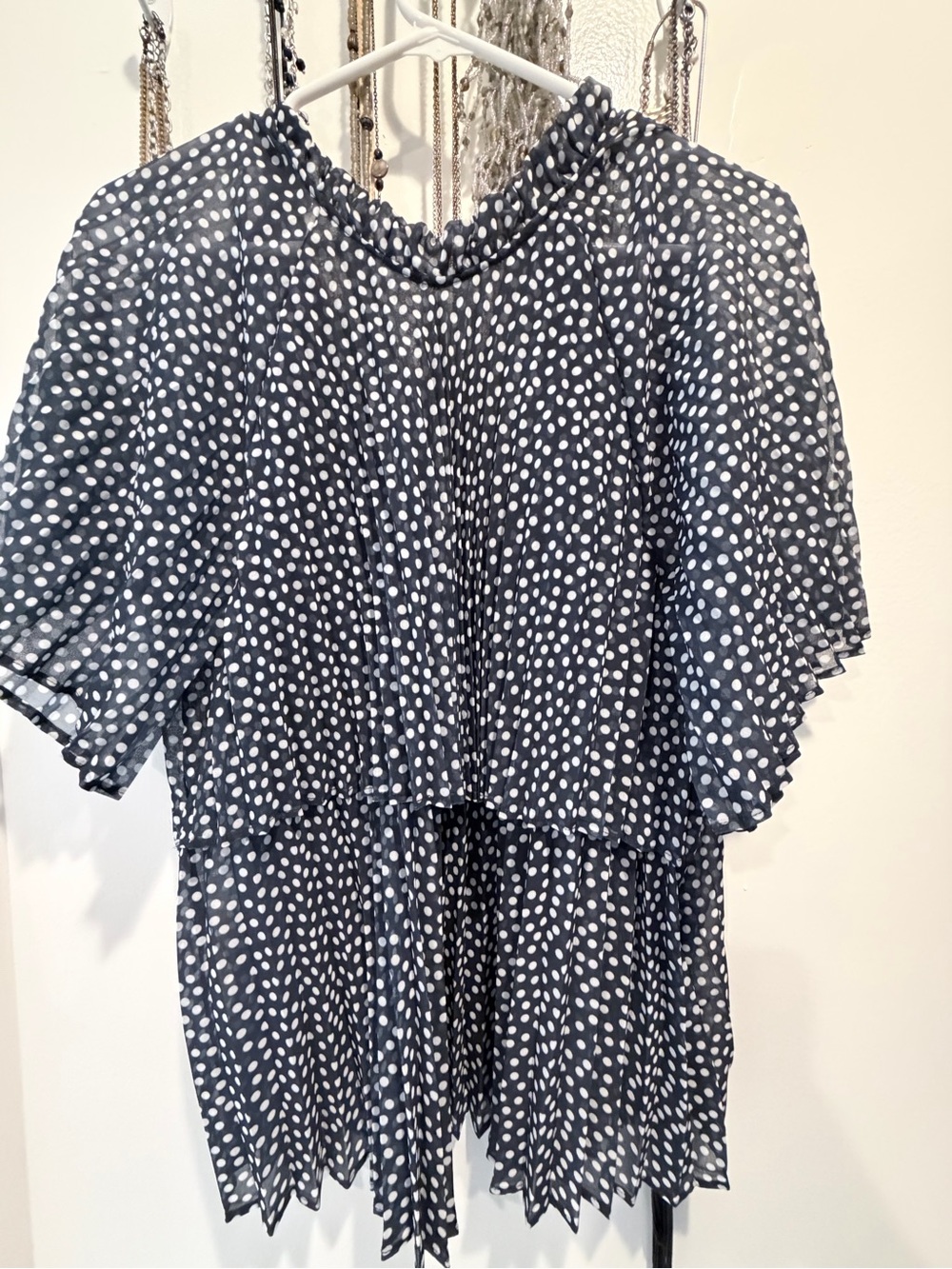 Women’s Navy Polka Dot Pleated Flowy Blouse